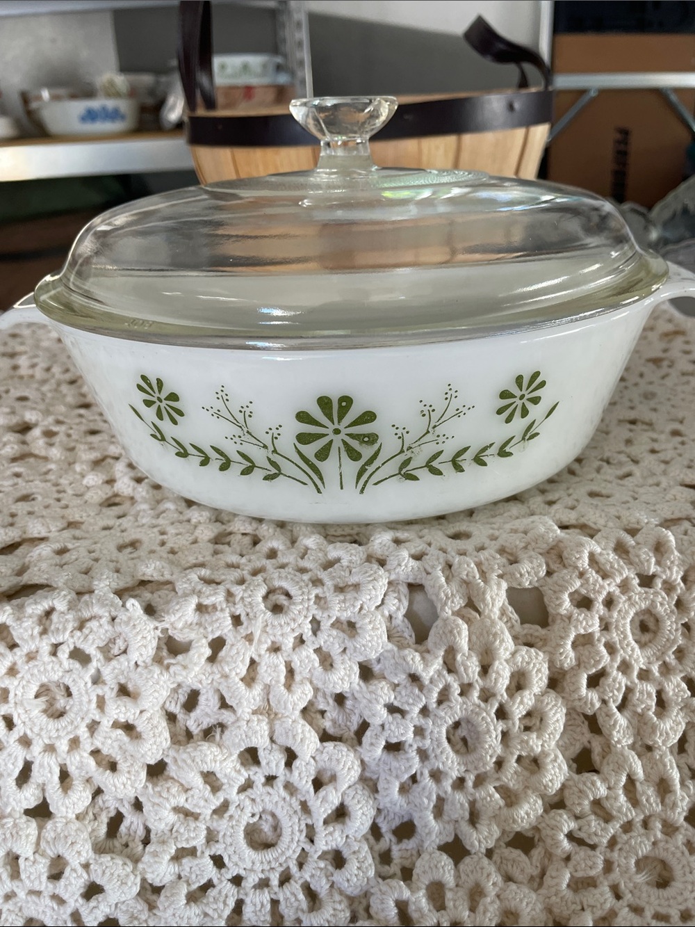 Vintage White Glasbake Casserole Dish with Green Floral Pattern and Clear Lid